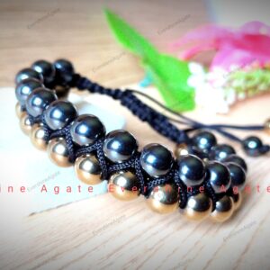 Hematite & Golden Pyrite Bracelet  – Natural Stone Protection Bracelet with Adjustable Macrame sliding Cord 8mm Beads