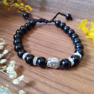 Evershine Black Obsidian Evil Eye Protection Natural Stone Tie Knot Bracelet with Laughing Buddha | 8mm size Bracelet | Pack of 1