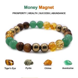 Money Magnet Bracelet Pyrite, Green Aventurine, Citrine, Hematite, Clear Quartz,Tiger Eye, Amethyst Crystal Healing Natural Gemstone Bracelet For Men & Women, Bead Size 8 MM, Multi Color