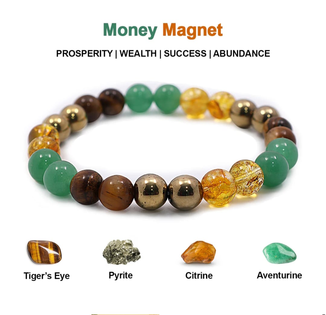 Money Magnet Bracelet Pyrite, Green Aventurine, Citrine, Hematite, Clear Quartz,Tiger Eye, Amethyst Crystal Healing Natural Gemstone Bracelet For Men & Women, Bead Size 8 MM, Multi Color