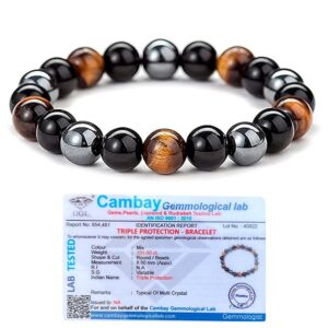 Triple Protection Bracelet for Men & Women – Natural Black Obsidian, Tiger Eye & Hematite Beads – 8mm Unisex Healing Crystal Energy Bracelet with Authenticity Certificate