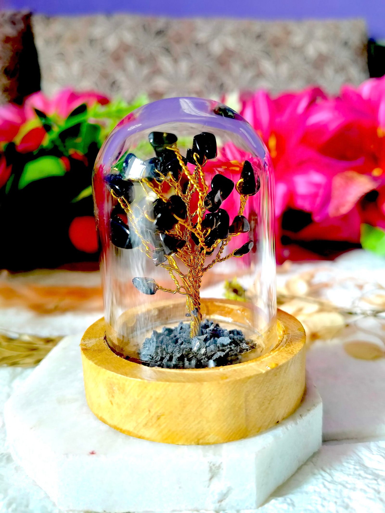 Black Obsidian | Decorative Handcrafted Natural Stone Tree in Glass dome with Wooden Base - Image 4
