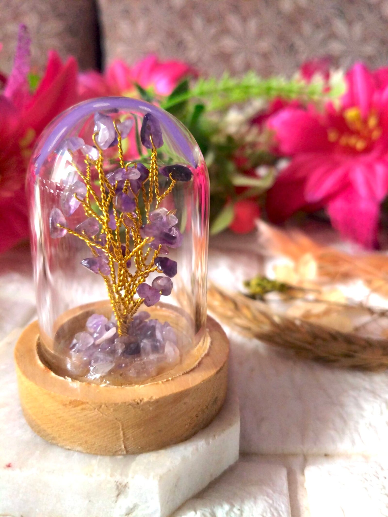 Amethyst Stone | Decorative Handcrafted Natural Stone Tree in Glass dome with Wooden Base - Image 4