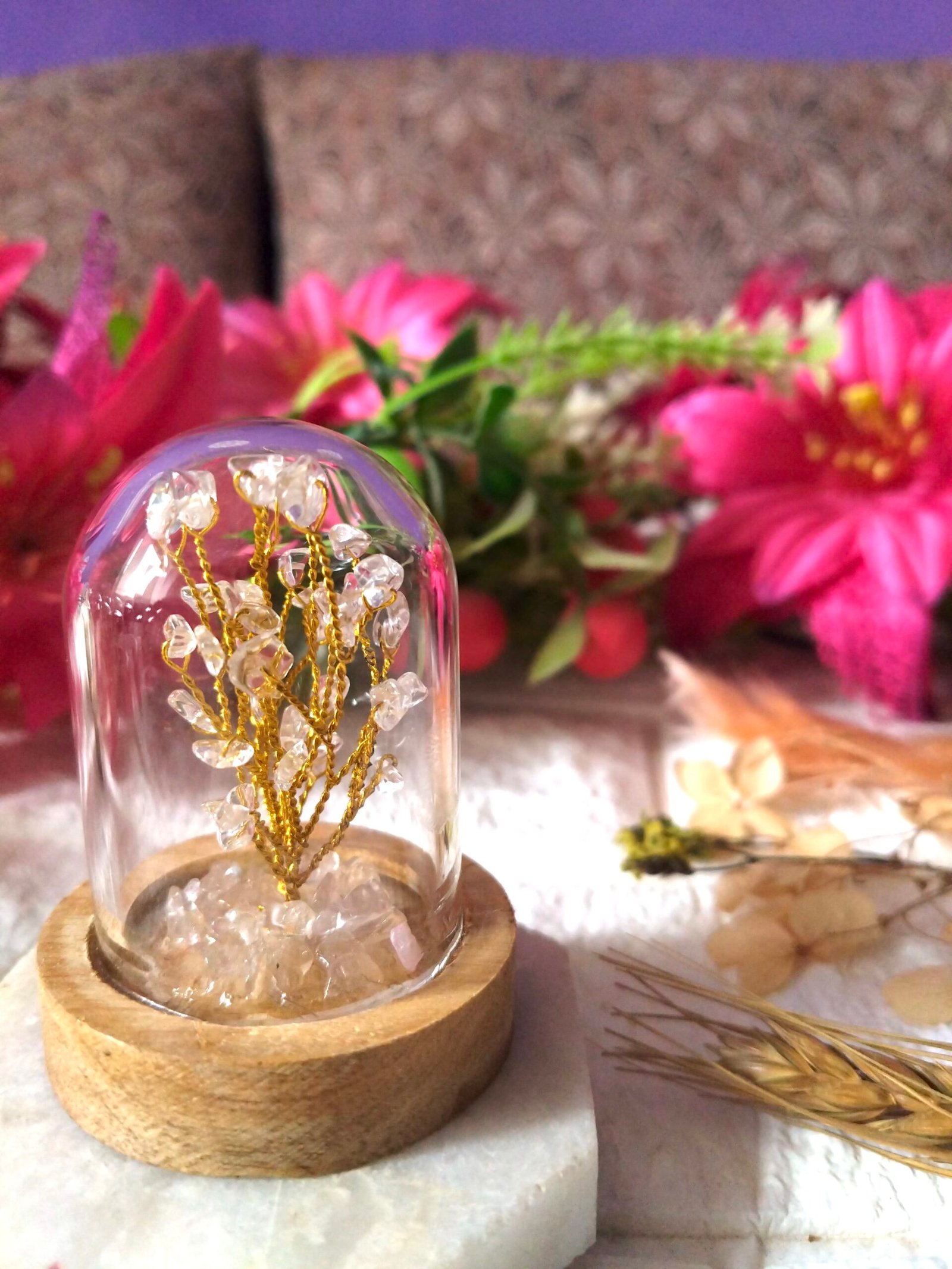 Natural Clear Quartz | Decorative Handcrafted Natural Stone Tree in Glass dome with Wooden Base - Image 4