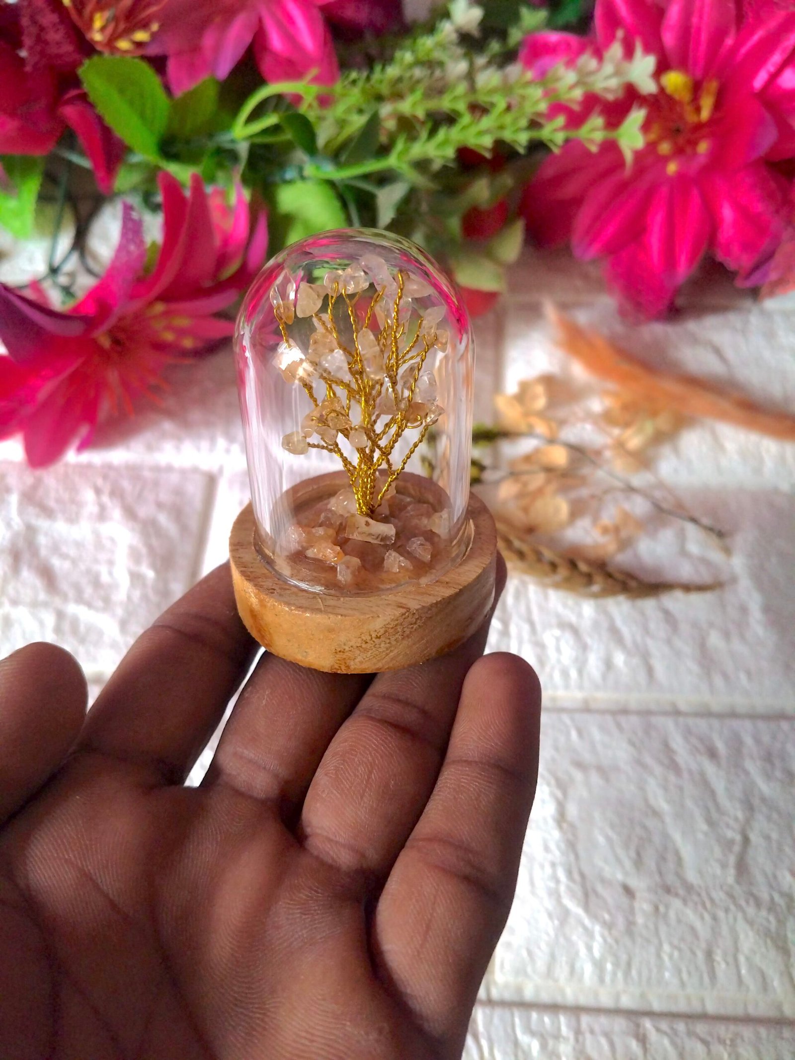 Natural Citrine | Decorative Handcrafted Natural Stone Tree in Glass dome with Wooden Base - Image 5