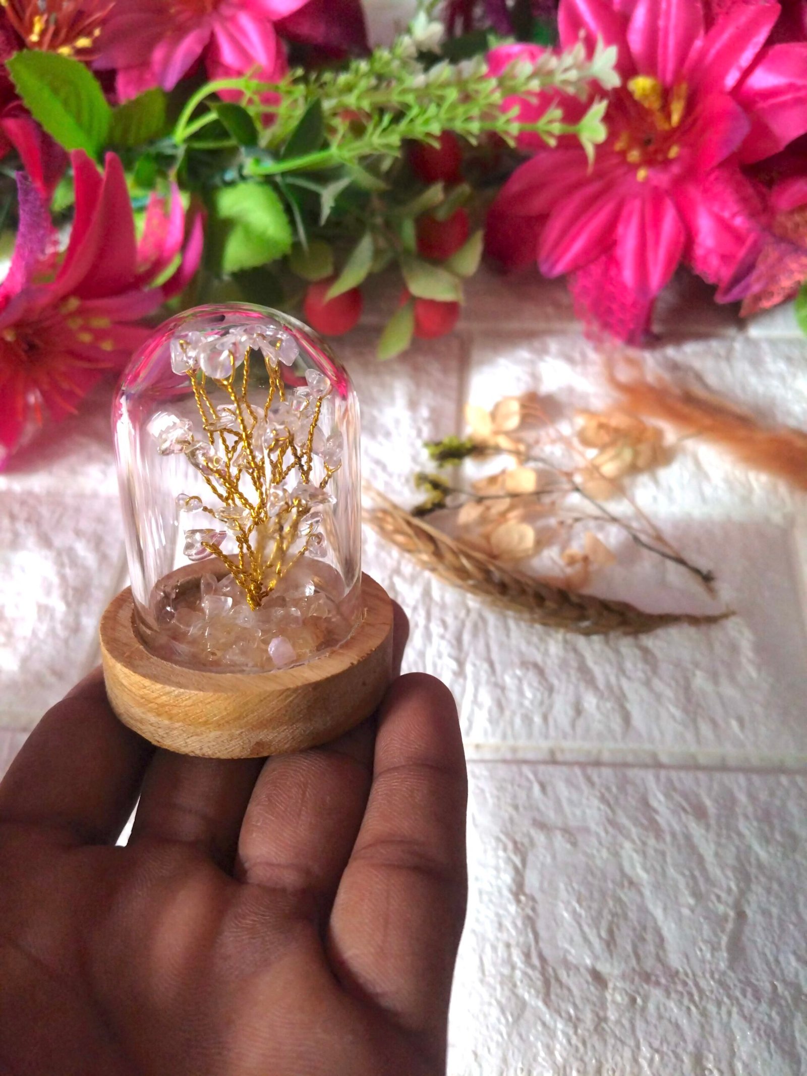 Natural Clear Quartz | Decorative Handcrafted Natural Stone Tree in Glass dome with Wooden Base - Image 5