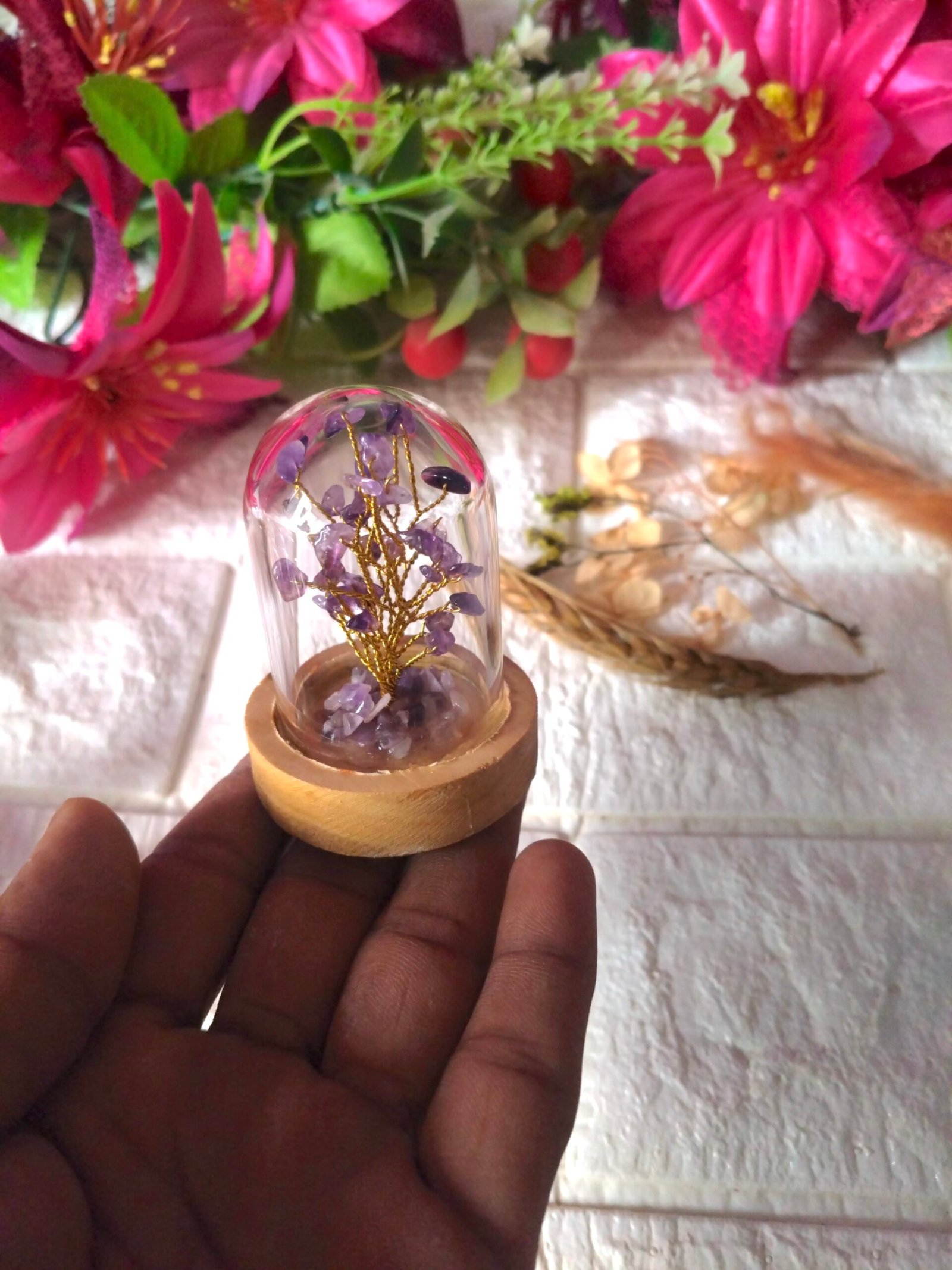 Amethyst Stone | Decorative Handcrafted Natural Stone Tree in Glass dome with Wooden Base - Image 6
