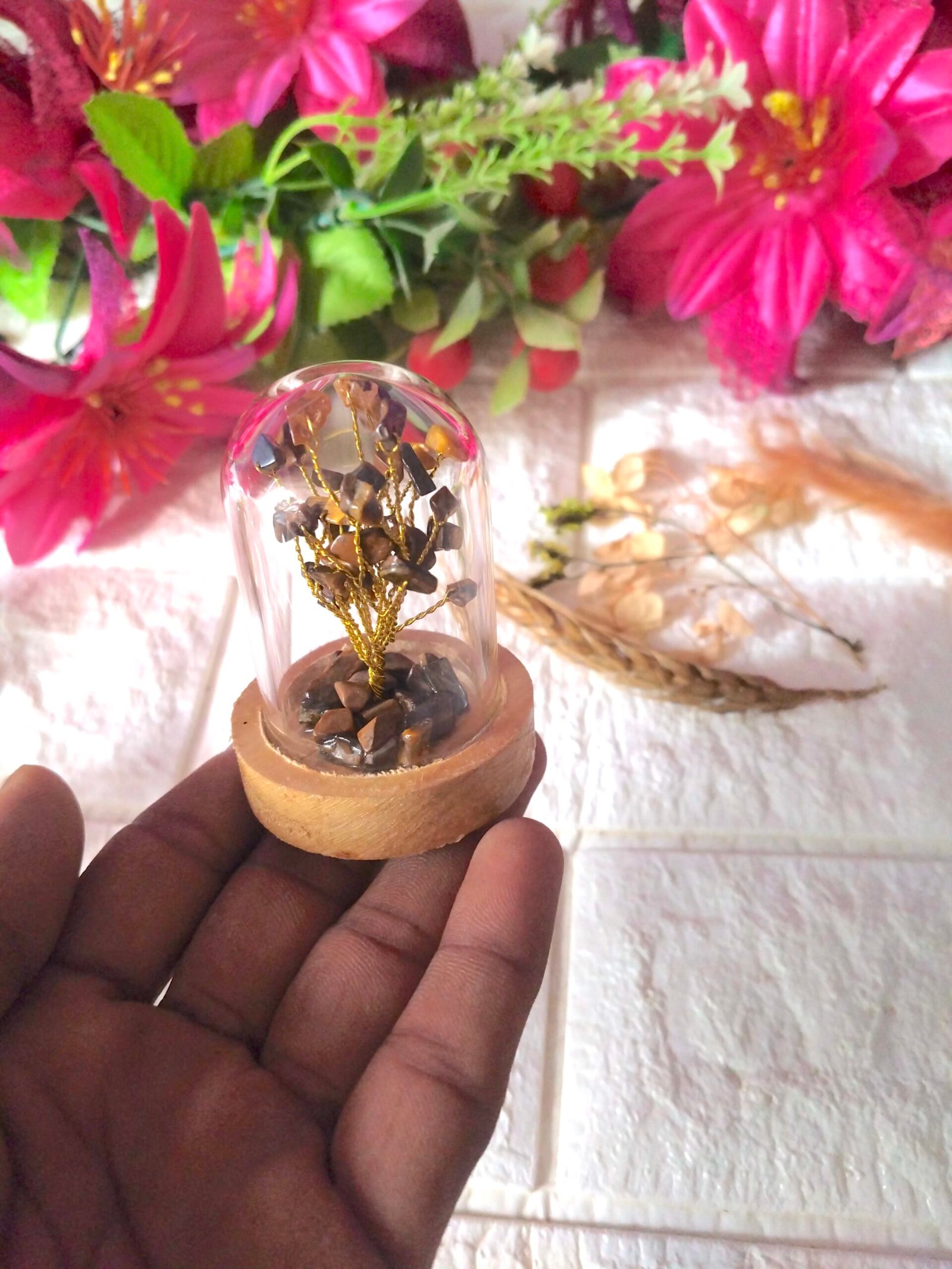 Tiger Eye | Decorative Handcrafted Natural Stone Tree in Glass dome with Wooden Base - Image 4