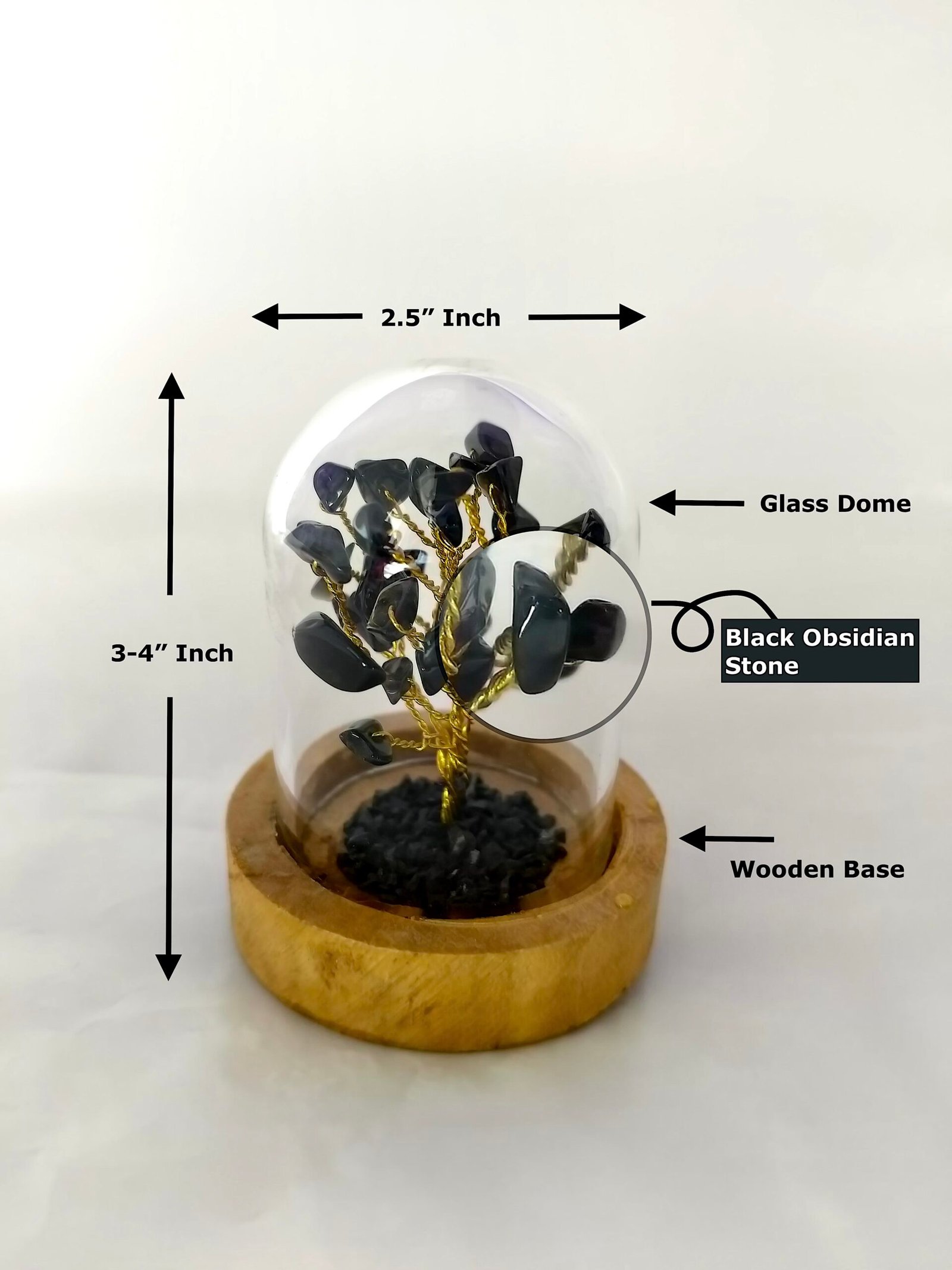 Black Obsidian | Decorative Handcrafted Natural Stone Tree in Glass dome with Wooden Base - Image 2