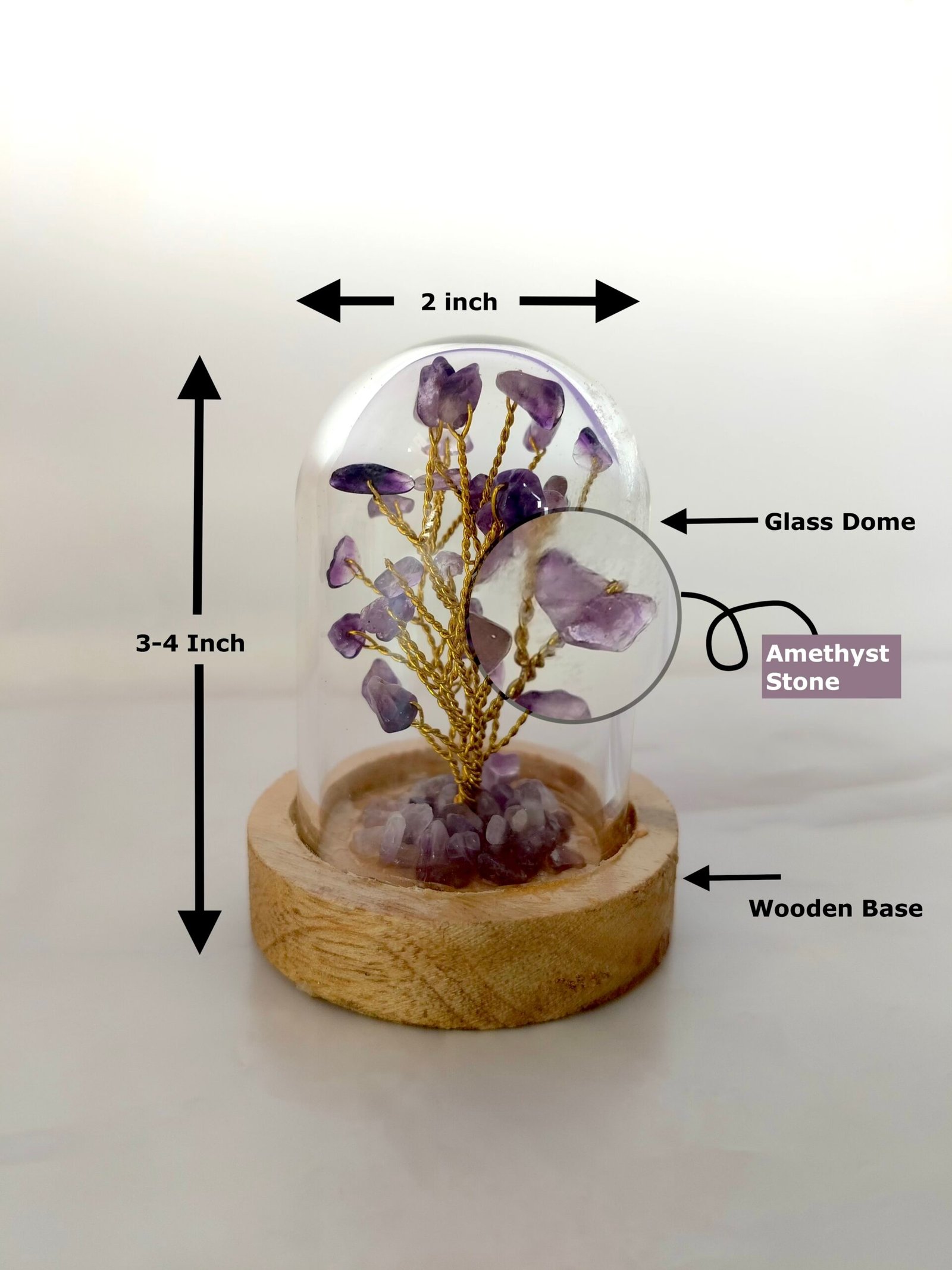 Amethyst Stone | Decorative Handcrafted Natural Stone Tree in Glass dome with Wooden Base - Image 2