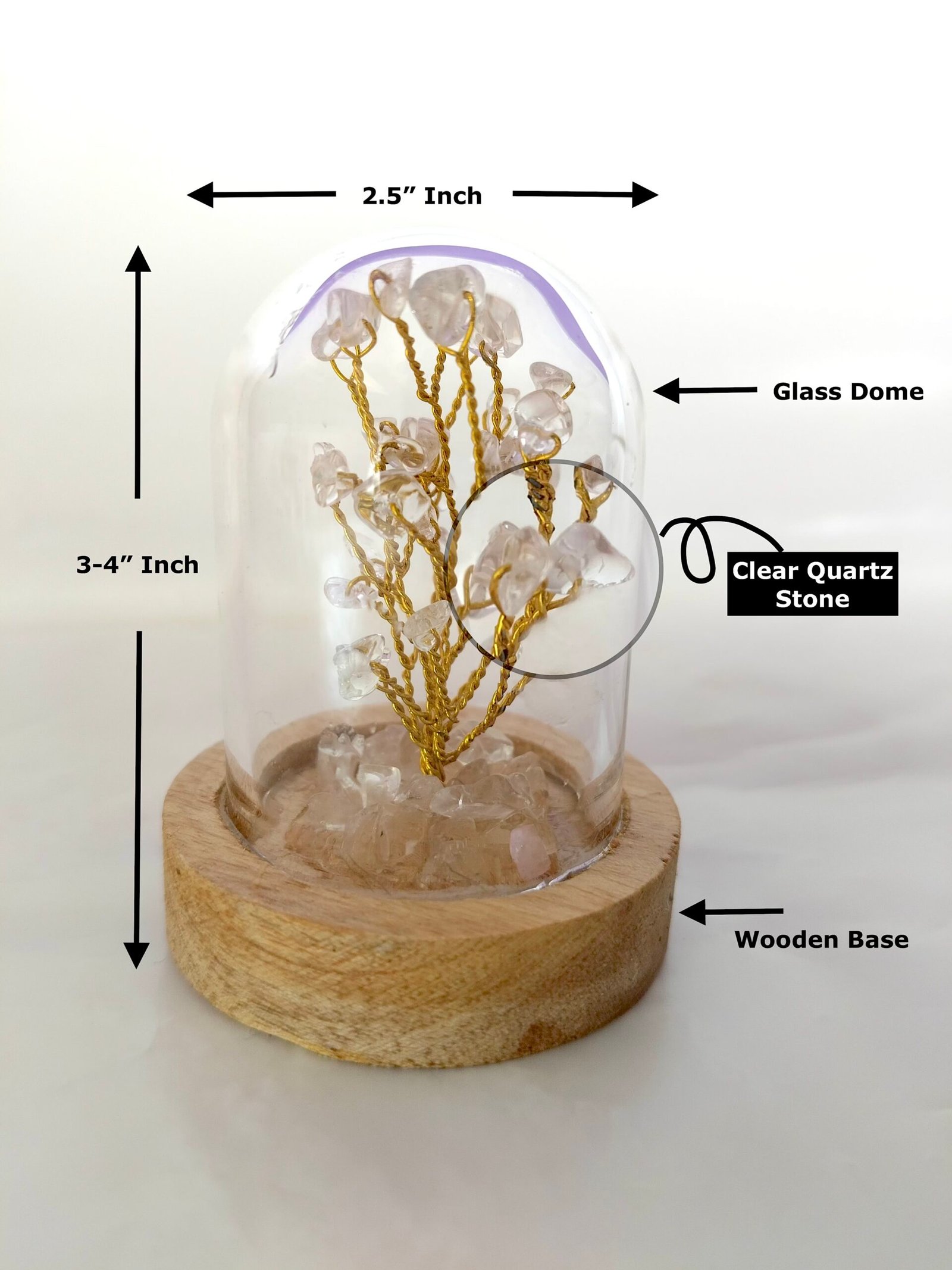 Natural Clear Quartz | Decorative Handcrafted Natural Stone Tree in Glass dome with Wooden Base - Image 2