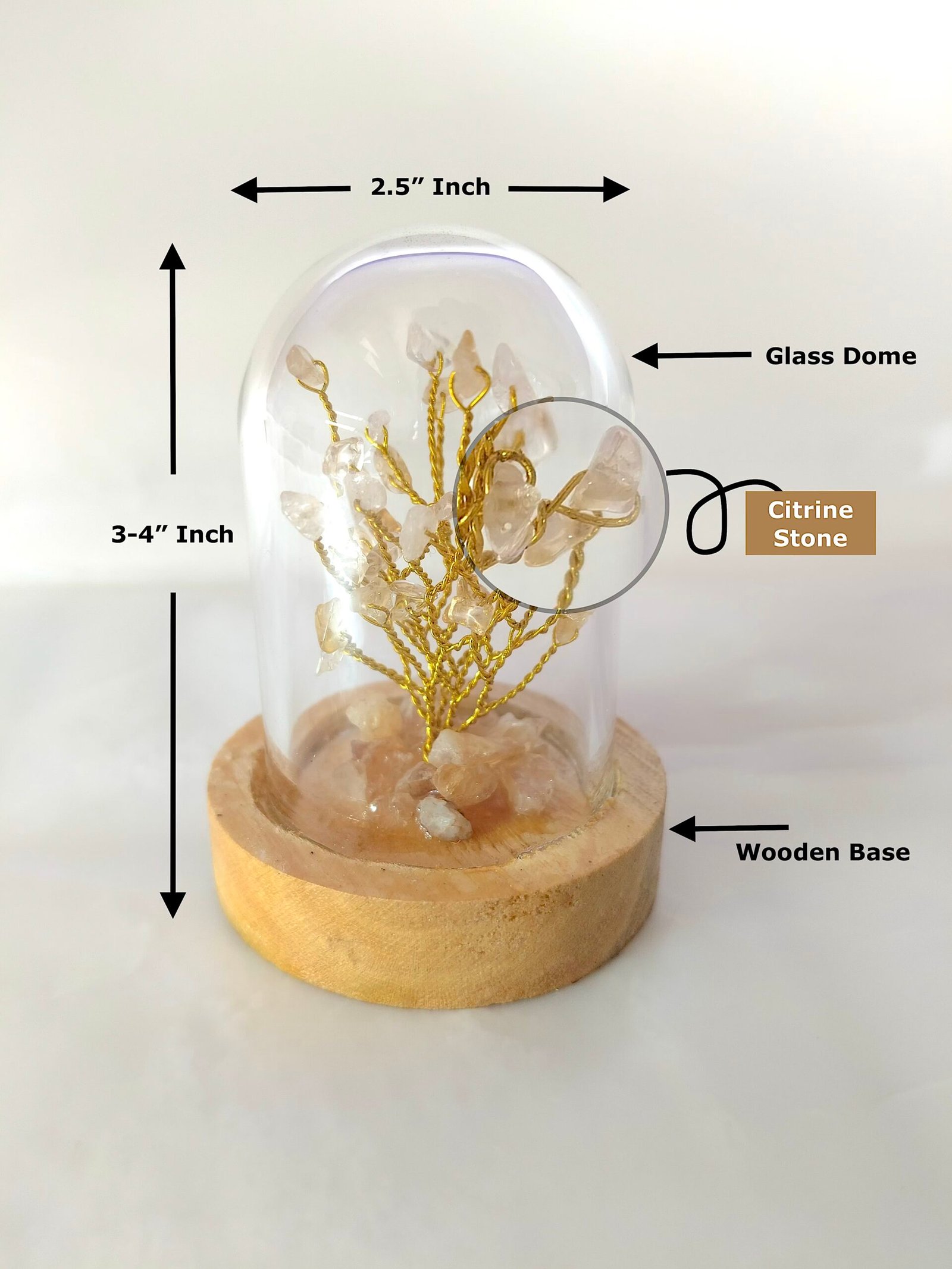 Natural Citrine | Decorative Handcrafted Natural Stone Tree in Glass dome with Wooden Base - Image 2