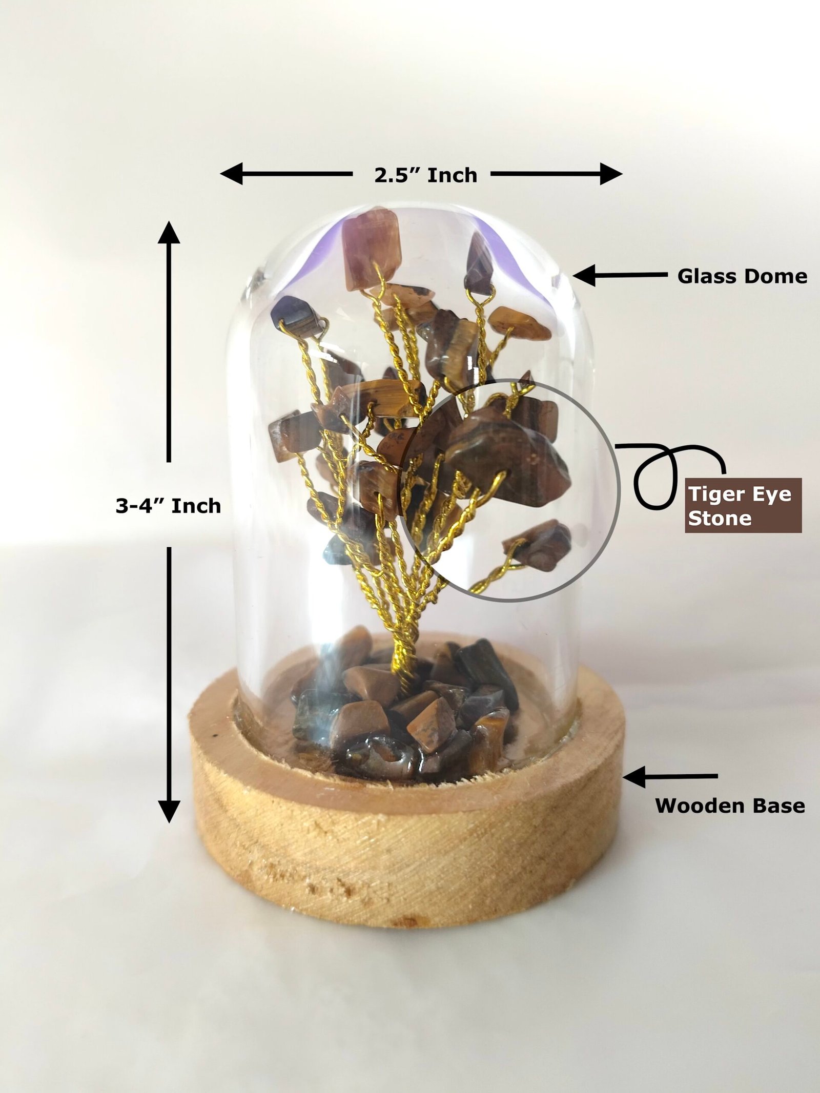 Tiger Eye | Decorative Handcrafted Natural Stone Tree in Glass dome with Wooden Base - Image 2